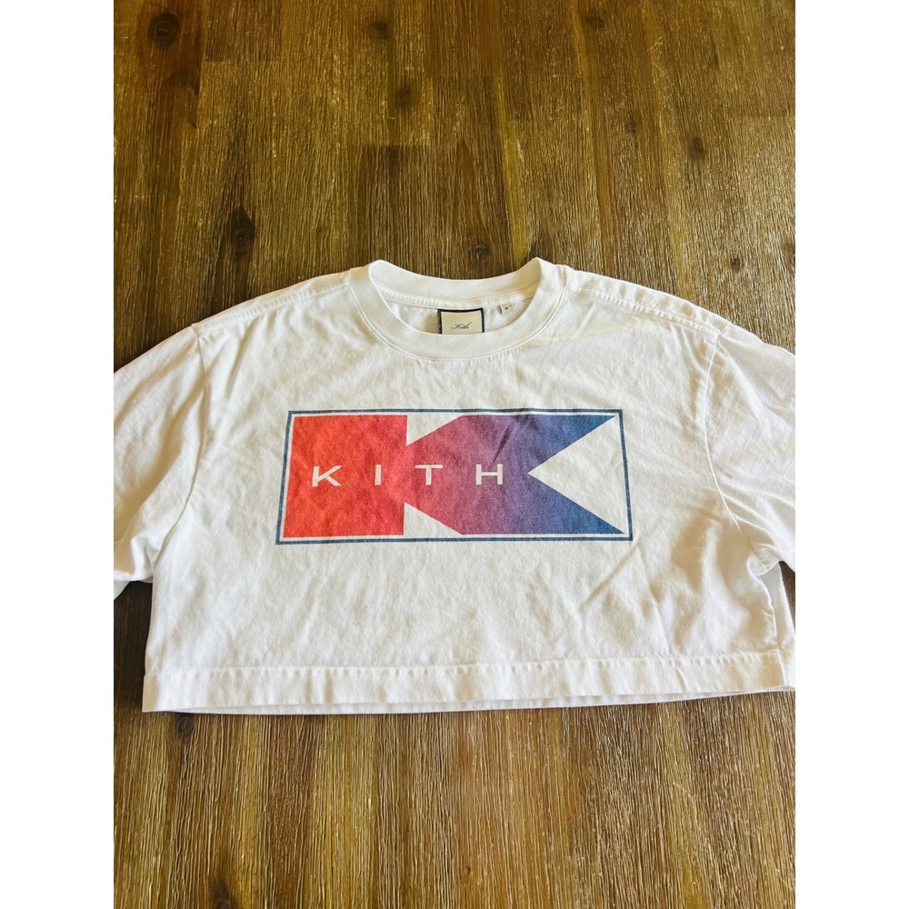 Kith Womens Cropped Graphic T-Shirt White Gradient Logo Boxy Tee Size M